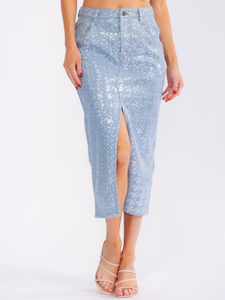 WOMEN'S BUTTON CLOSURE FRONT SLIT POCKETS RHINESTONES DENIM MAXI SKIRT