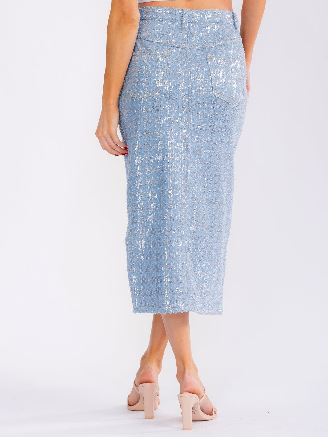 WOMEN'S BUTTON CLOSURE FRONT SLIT POCKETS RHINESTONES DENIM MAXI SKIRT