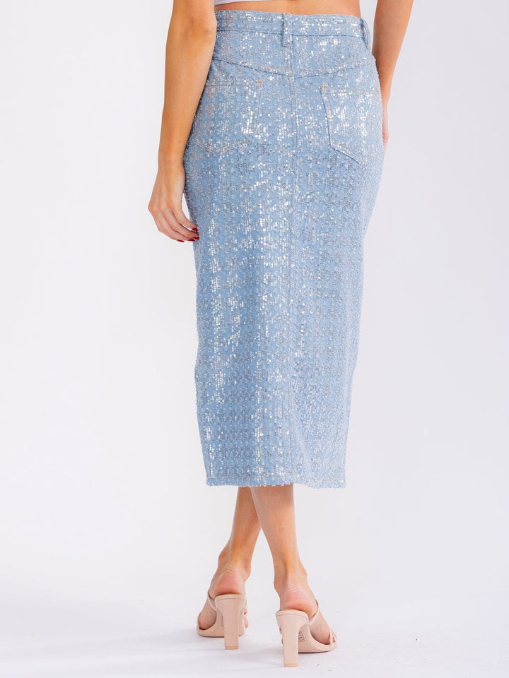 WOMEN'S BUTTON CLOSURE FRONT SLIT POCKETS RHINESTONES DENIM MAXI SKIRT