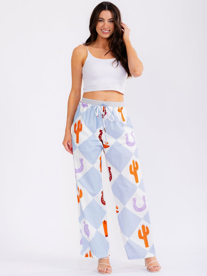WOMEN'S ELASTIC WAIST POCKETS STRAIGHT LEG MULTI PRINT PANTS