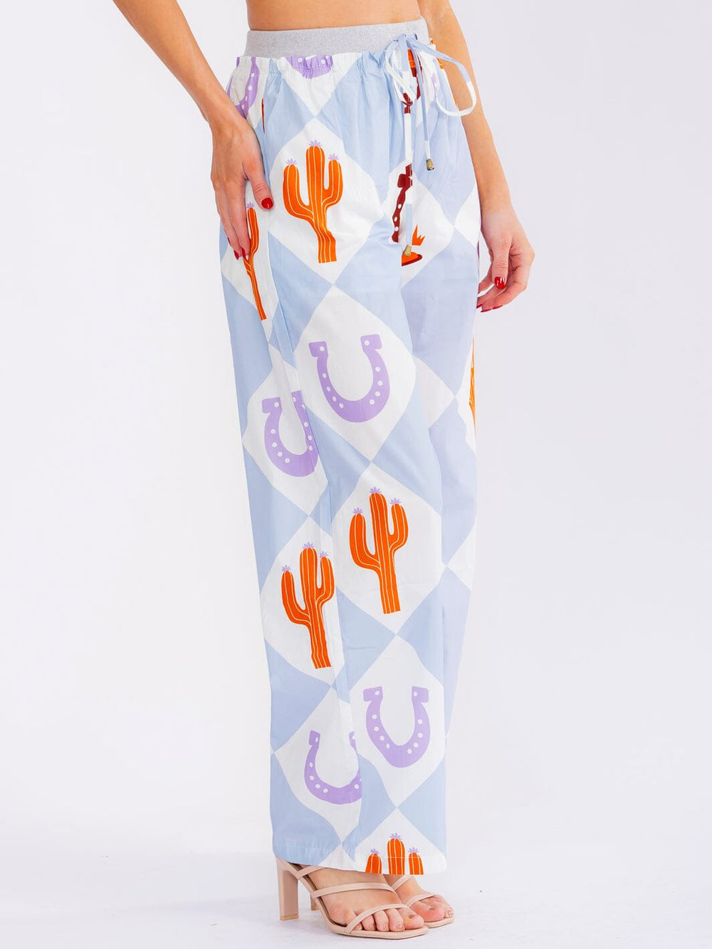 WOMEN'S ELASTIC WAIST POCKETS STRAIGHT LEG MULTI PRINT PANTS