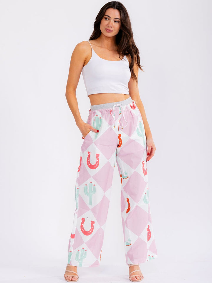 WOMEN'S ELASTIC WAIST POCKETS STRAIGHT LEG MULTI PRINT PANTS