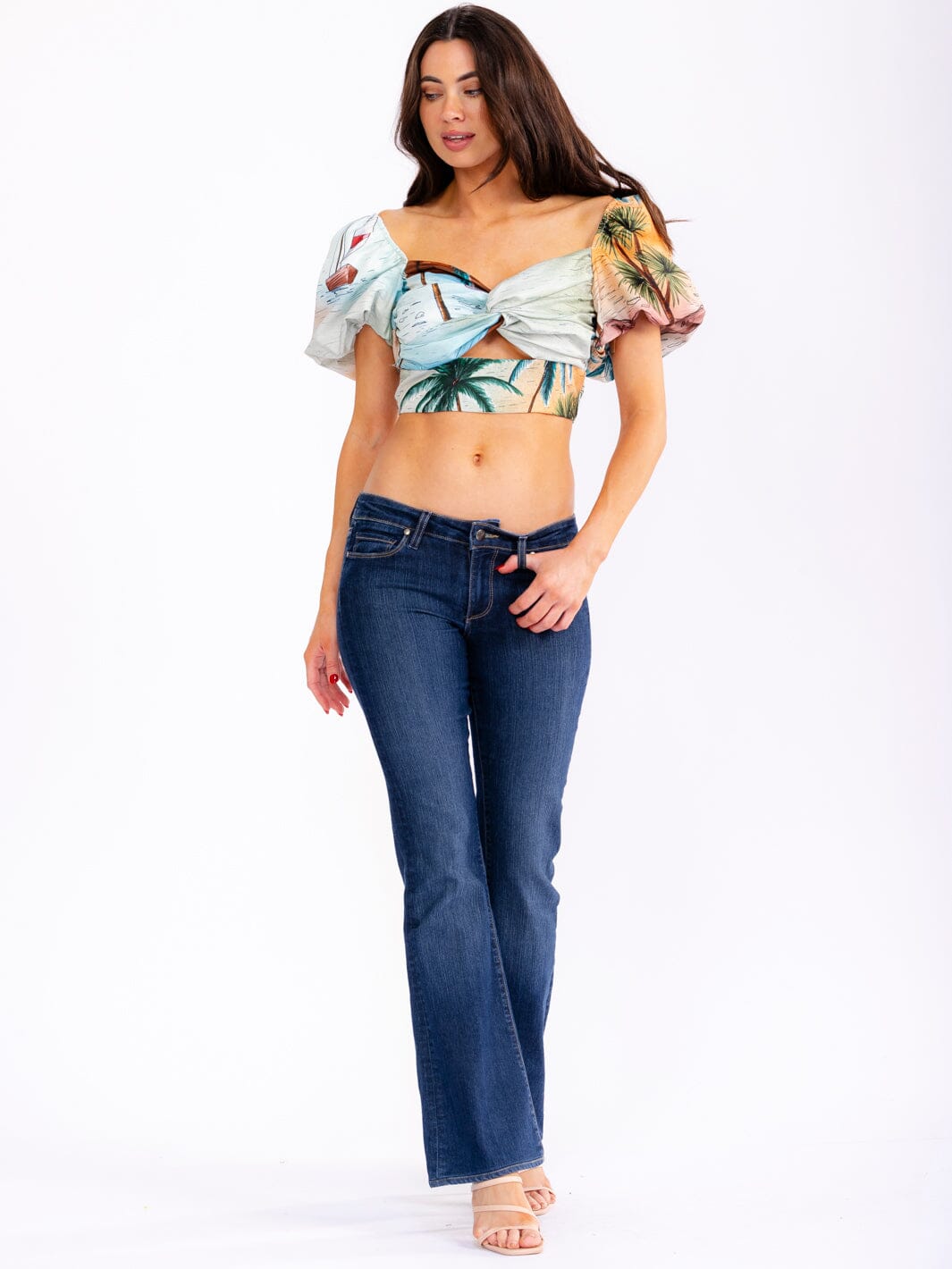 WOMEN'S SHORT PUFF SLEEVE FRONT CUT OUT SMOCK MULTI PRINT CROP TOP