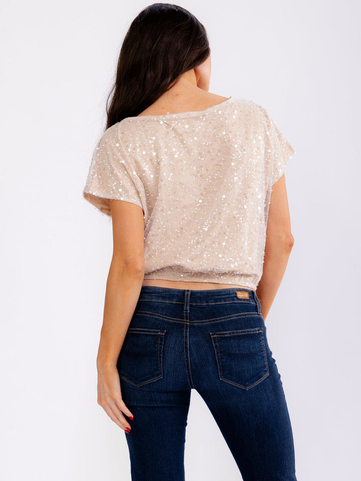 WOMEN'S SHORT SLEEVE PEAR SEQUINS ELASTIC WAIST BLOUSE