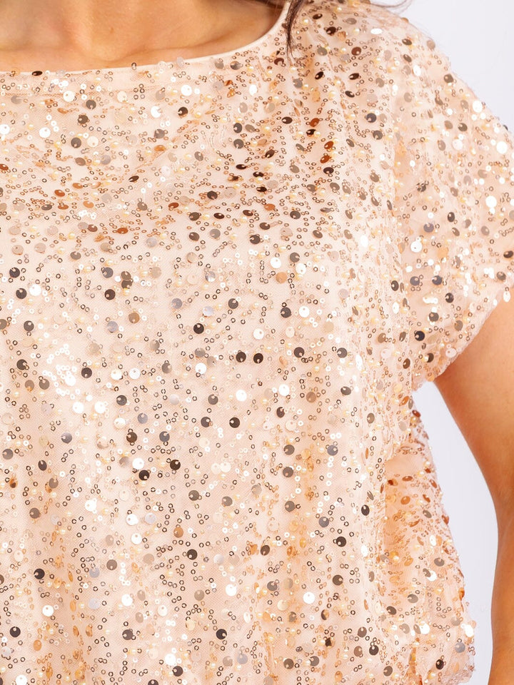 WOMEN'S SHORT SLEEVE PEAR SEQUINS ELASTIC WAIST BLOUSE