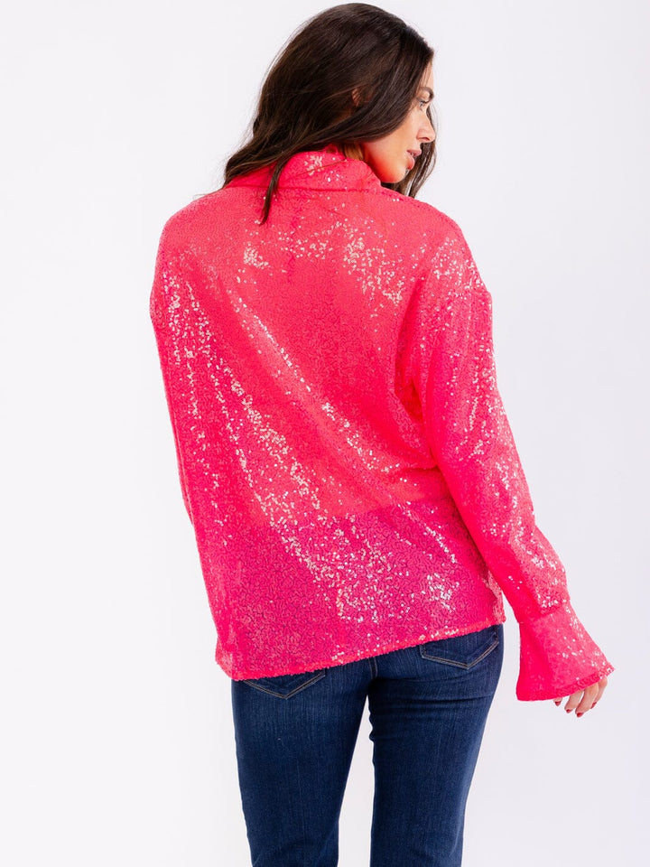 WOMEN'S LONG SLEEVE BUTTON UP & SELF TIE BRALETTE SEQUINS 2PCS.SET TOPS