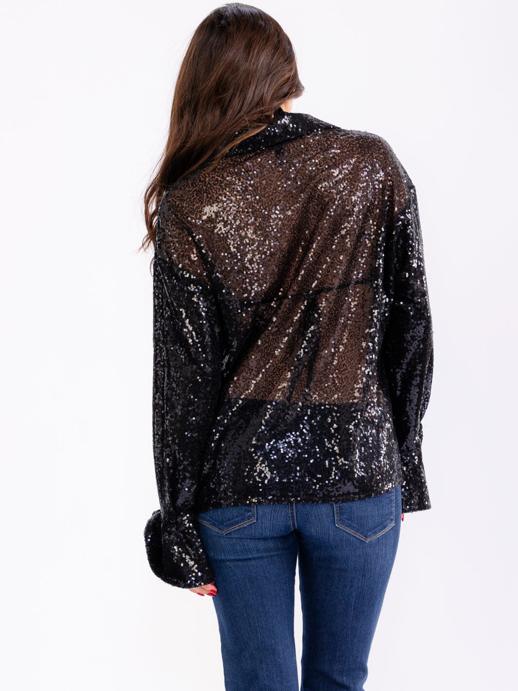 WOMEN'S LONG SLEEVE BUTTON UP & SELF TIE BRALETTE SEQUINS 2PCS.SET TOPS