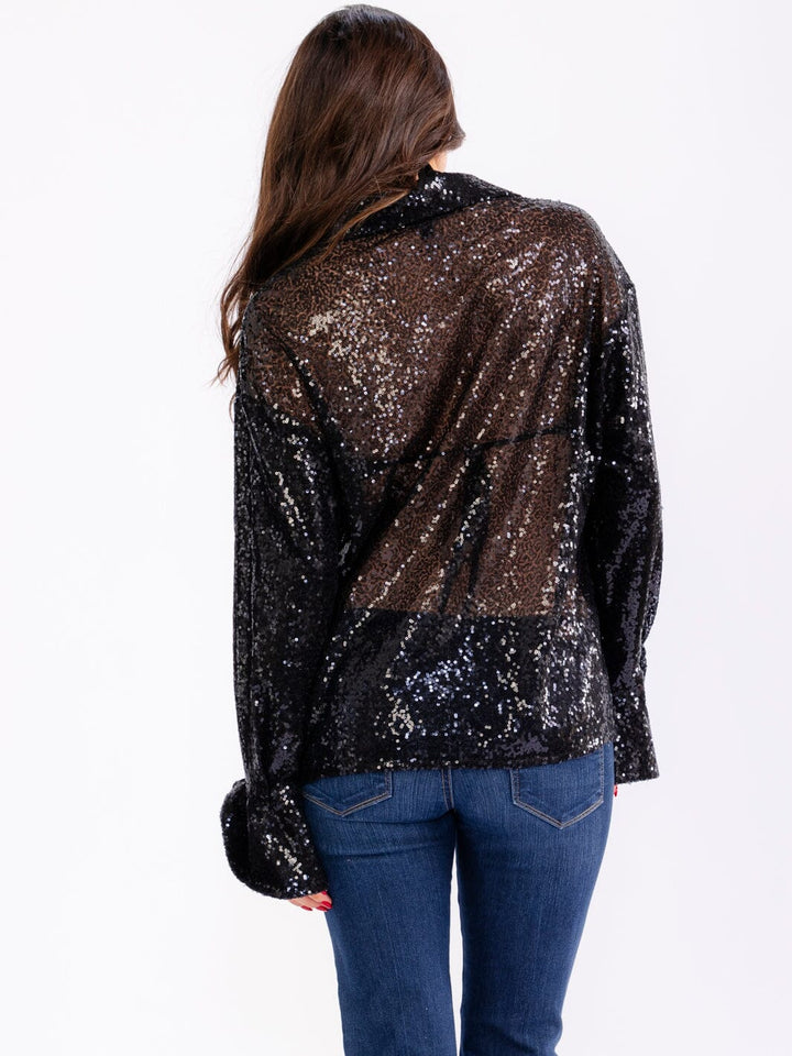 WOMEN'S LONG SLEEVE BUTTON UP & SELF TIE BRALETTE SEQUINS 2PCS.SET TOPS