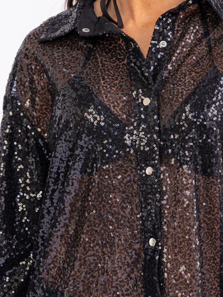 WOMEN'S LONG SLEEVE BUTTON UP & SELF TIE BRALETTE SEQUINS 2PCS.SET TOPS