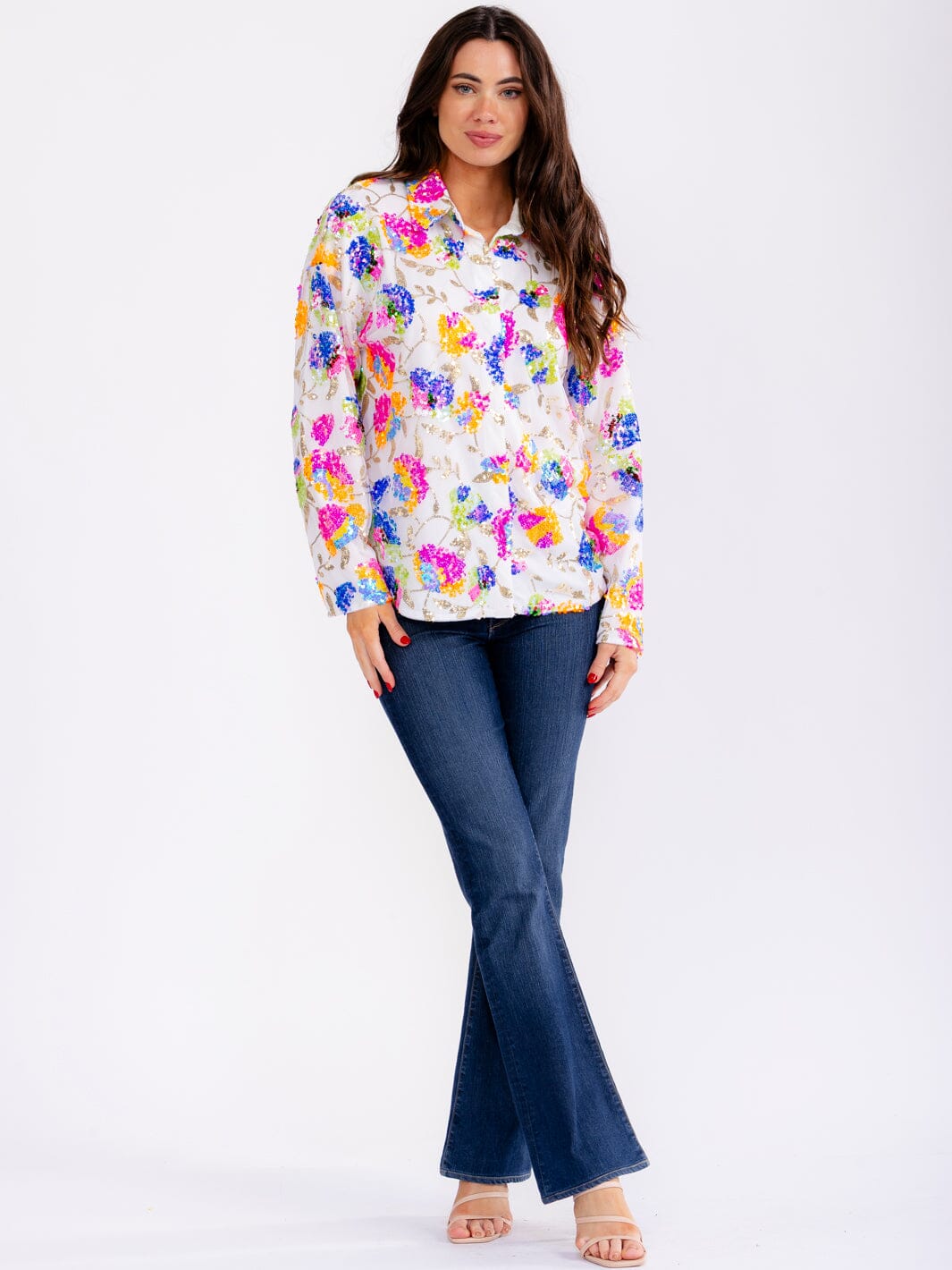 WOMEN'S LONG SLEEVE BUTTON UP SEQUINS FLORAL BLOUSE