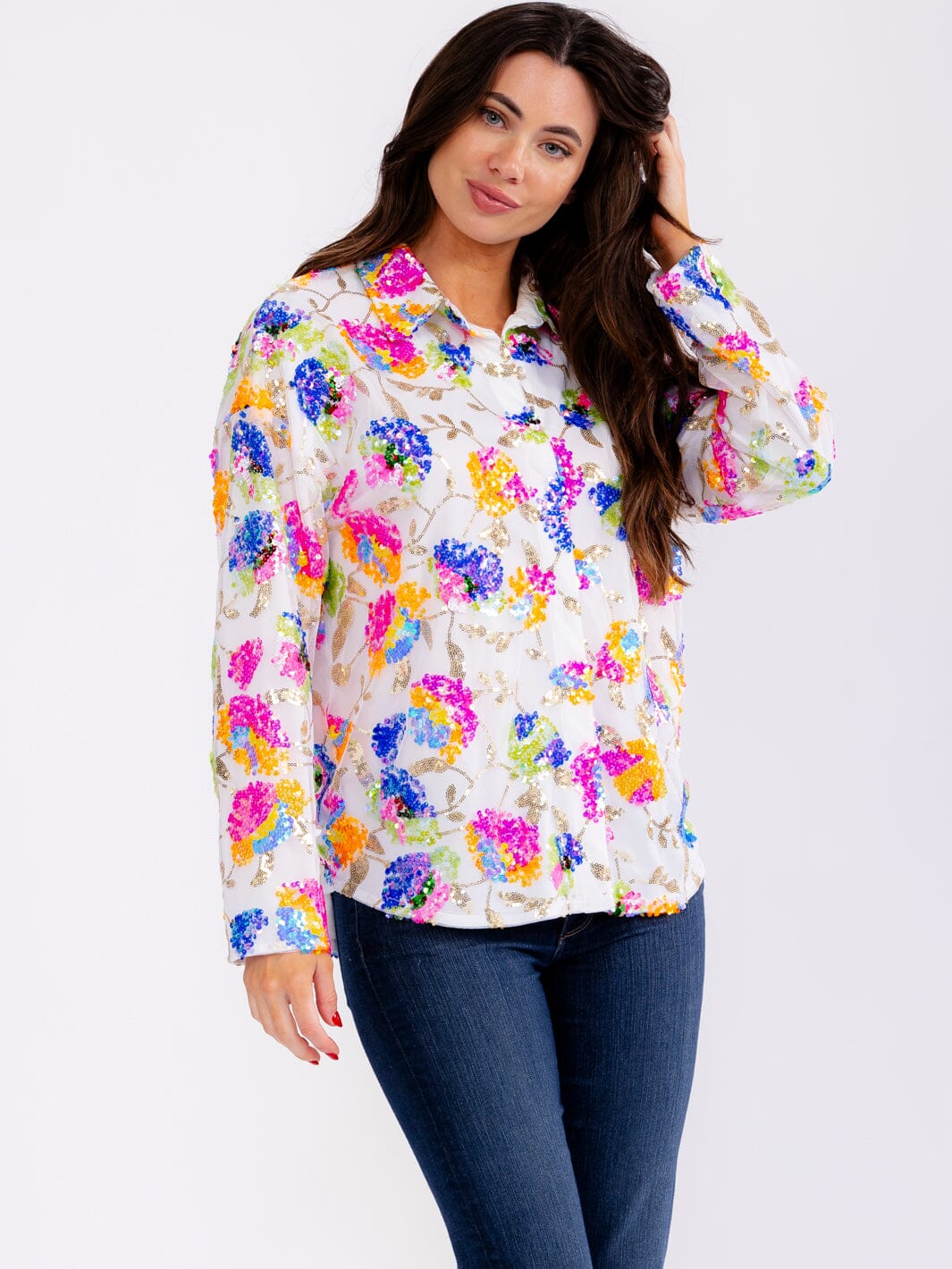 WOMEN'S LONG SLEEVE BUTTON UP SEQUINS FLORAL BLOUSE