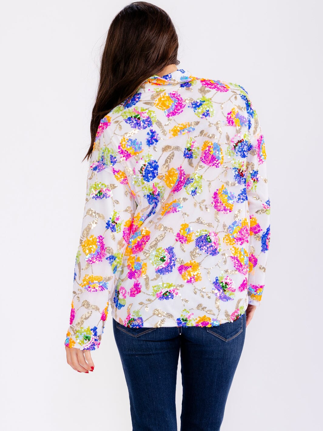 WOMEN'S LONG SLEEVE BUTTON UP SEQUINS FLORAL BLOUSE
