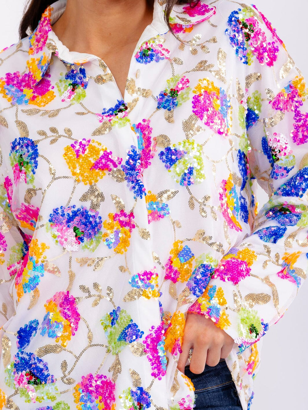 WOMEN'S LONG SLEEVE BUTTON UP SEQUINS FLORAL BLOUSE