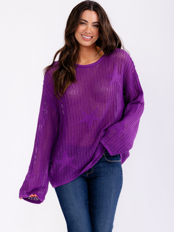 WOMEN'S LONG BELL SLEEVE STARS PRINT PULLOVER KNIT SWEATERS