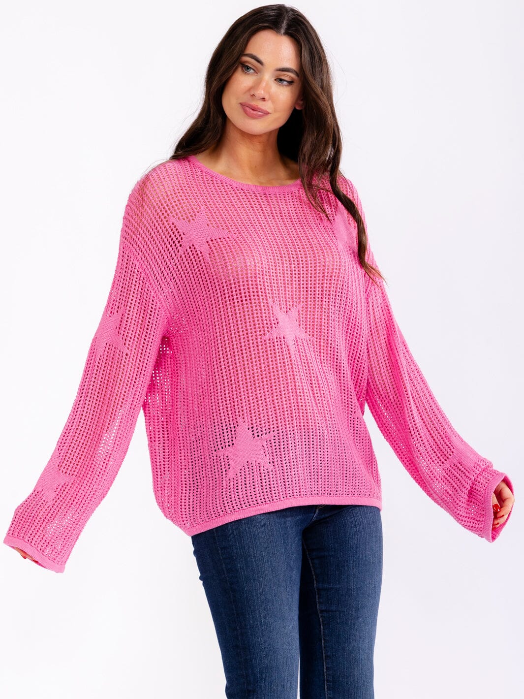 WOMEN'S LONG BELL SLEEVE STARS PRINT PULLOVER KNIT SWEATERS