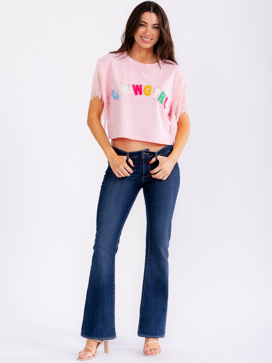 WOMEN'S SHORT FRINGE SLEEVE GRAPHIC SHIRT