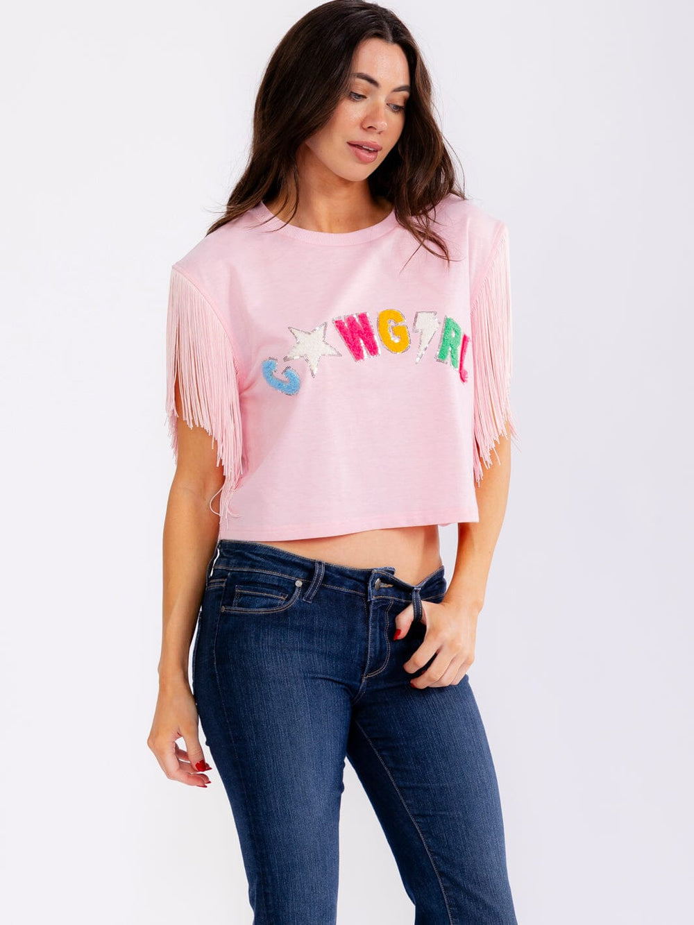 WOMEN'S SHORT FRINGE SLEEVE GRAPHIC SHIRT