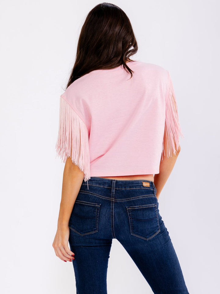 WOMEN'S SHORT FRINGE SLEEVE GRAPHIC SHIRT
