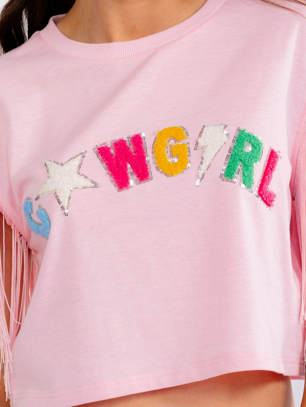 WOMEN'S SHORT FRINGE SLEEVE GRAPHIC SHIRT