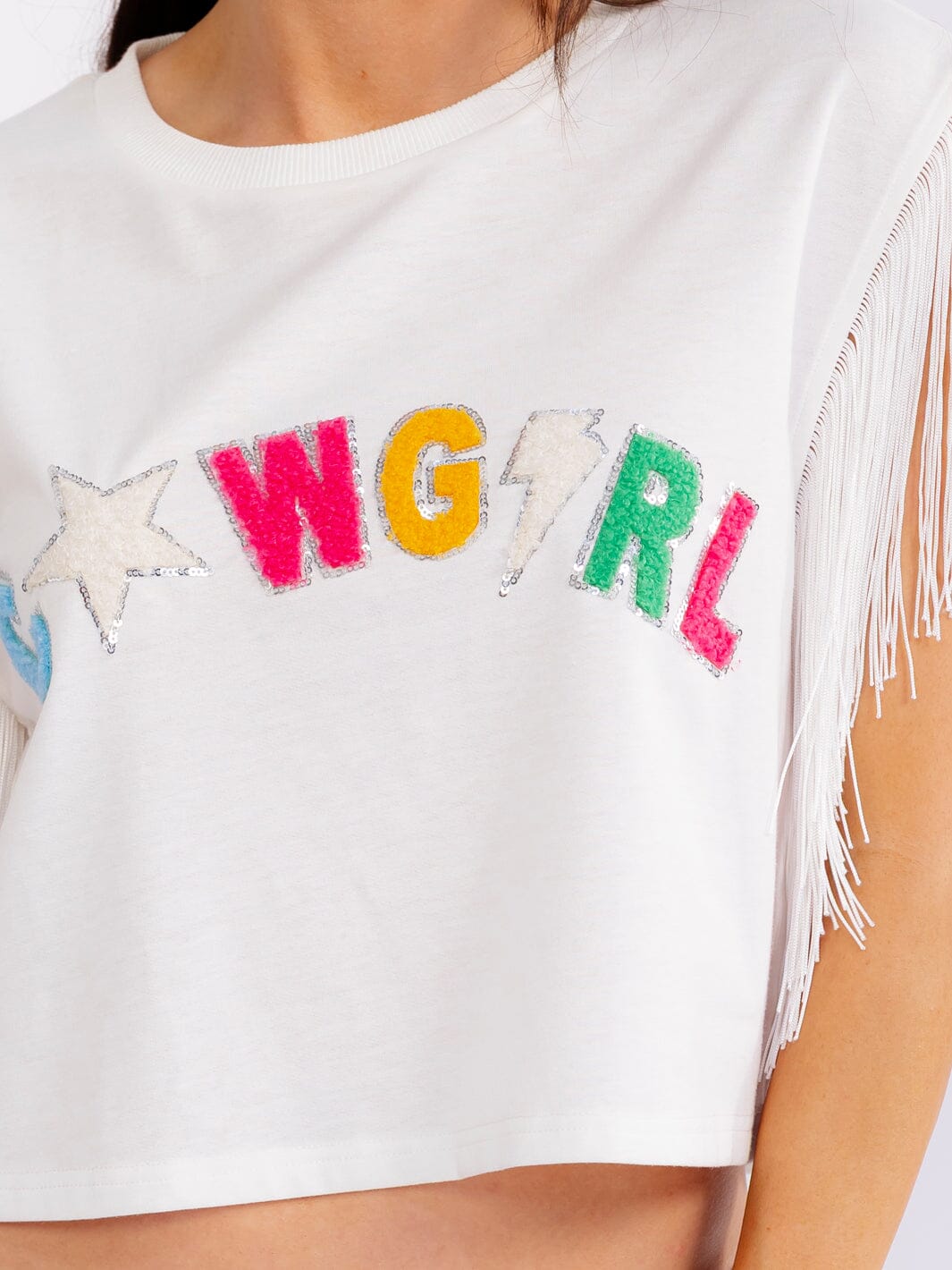 WOMEN'S SHORT FRINGE SLEEVE GRAPHIC SHIRT