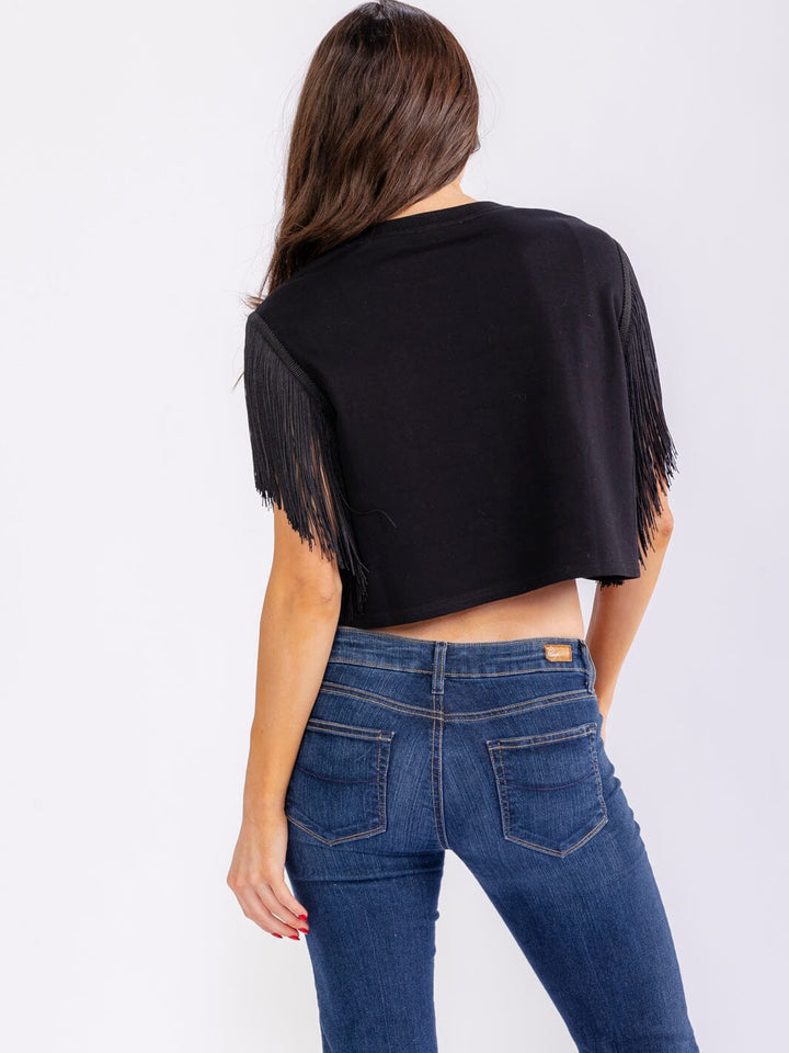WOMEN'S SHORT FRINGE SLEEVE GRAPHIC SHIRT