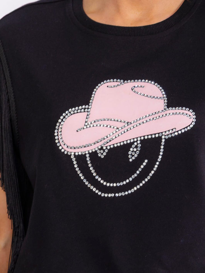 WOMEN'S SHORT FRINGE SLEEVE GRAPHIC SHIRT