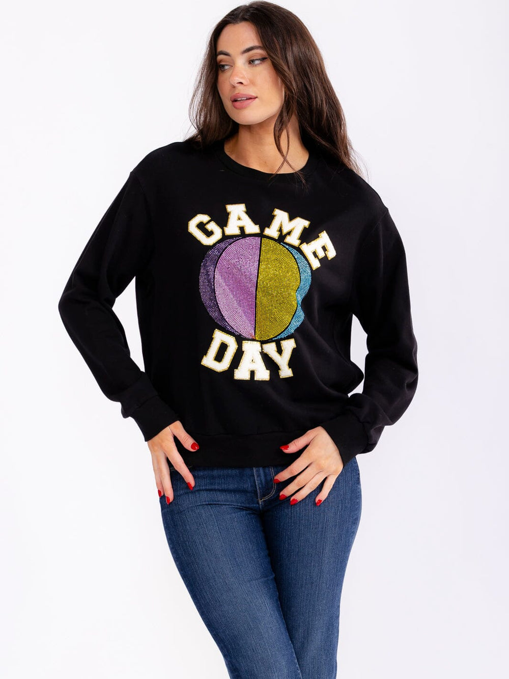 WOMEN'S LONG SLEEVE GAME DAY SEQUINS GRAPHIC PULLOVER SWEATERS