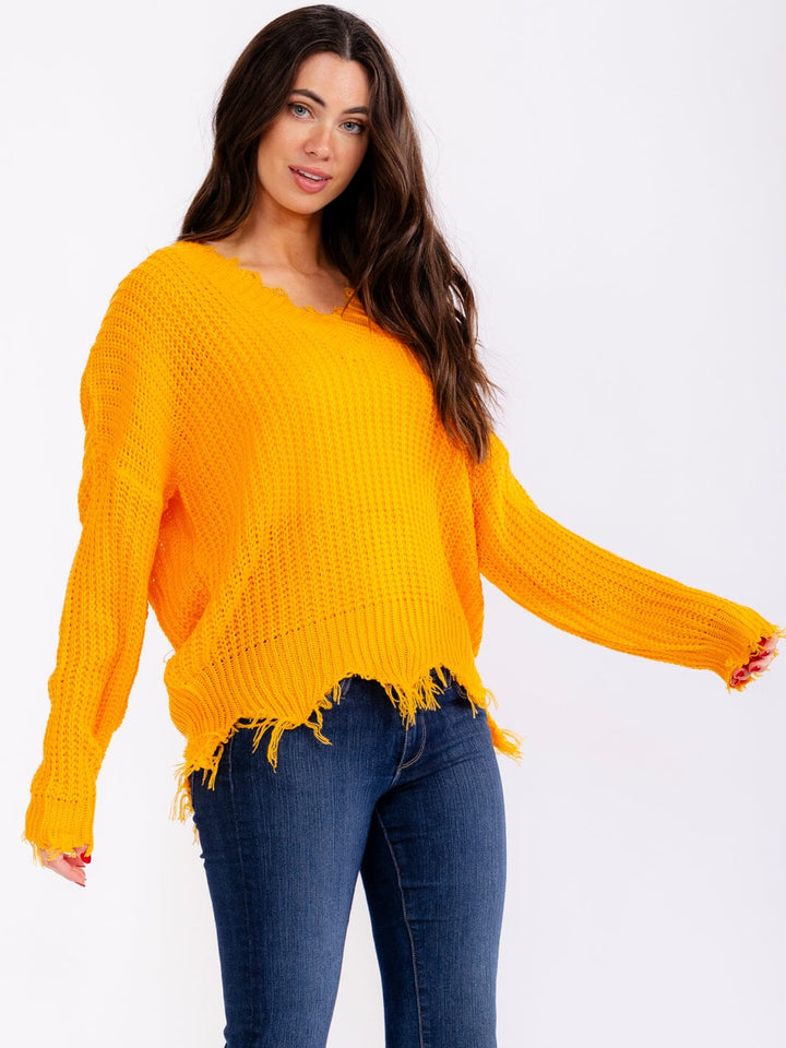WOMEN'S LONG SLEEVE V-NECK DISTRESS PULLOVER KNIT SWEATERS (Copy)
