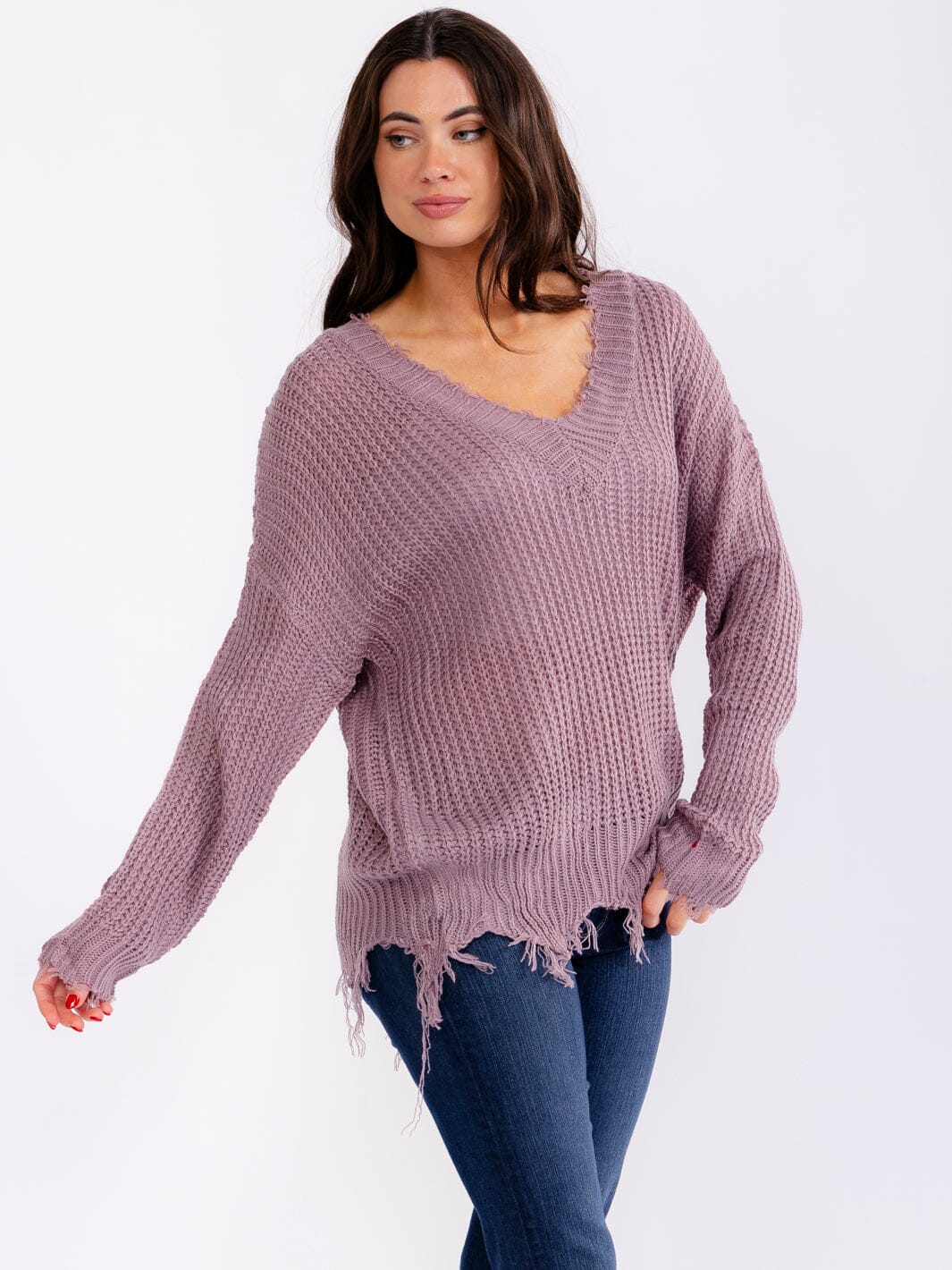 WOMEN'S LONG SLEEVE V-NECK DISTRESS PULLOVER KNIT SWEATERS (Copy)