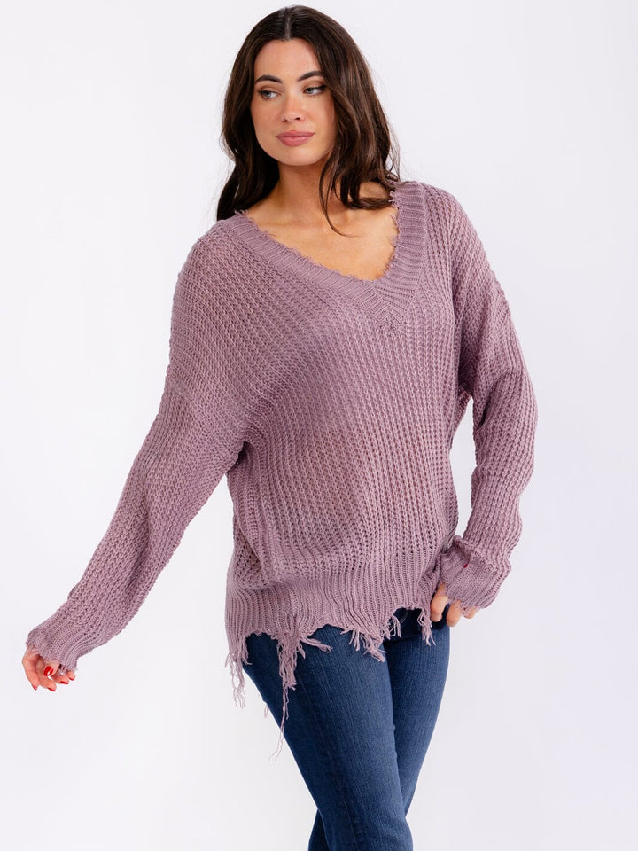 WOMEN'S LONG SLEEVE V-NECK DISTRESS PULLOVER KNIT SWEATERS (Copy)