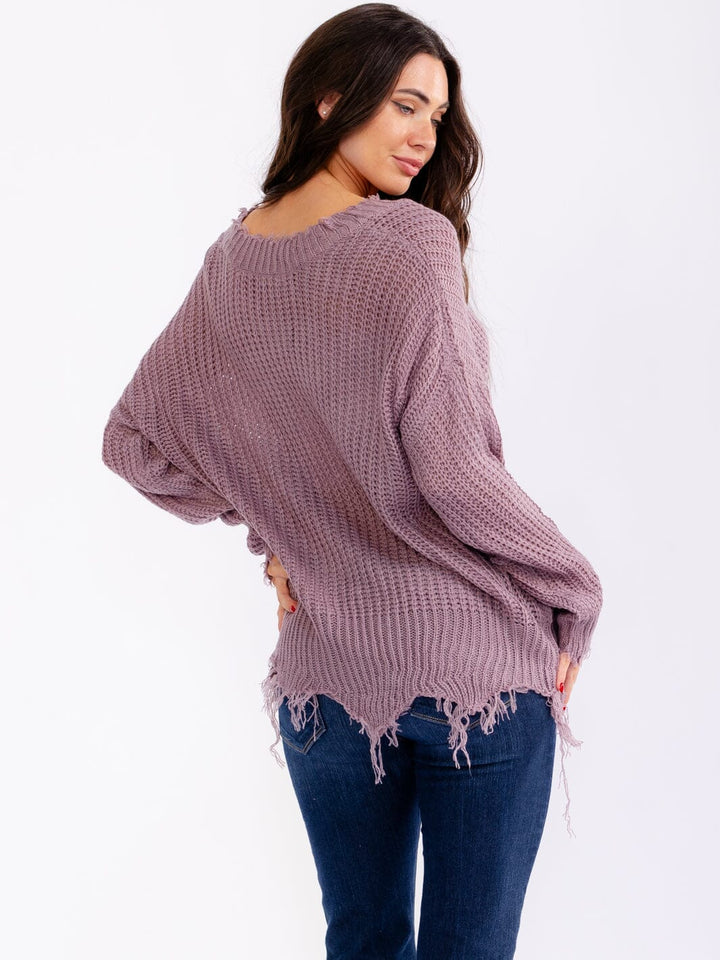 WOMEN'S LONG SLEEVE V-NECK DISTRESS PULLOVER KNIT SWEATERS (Copy)