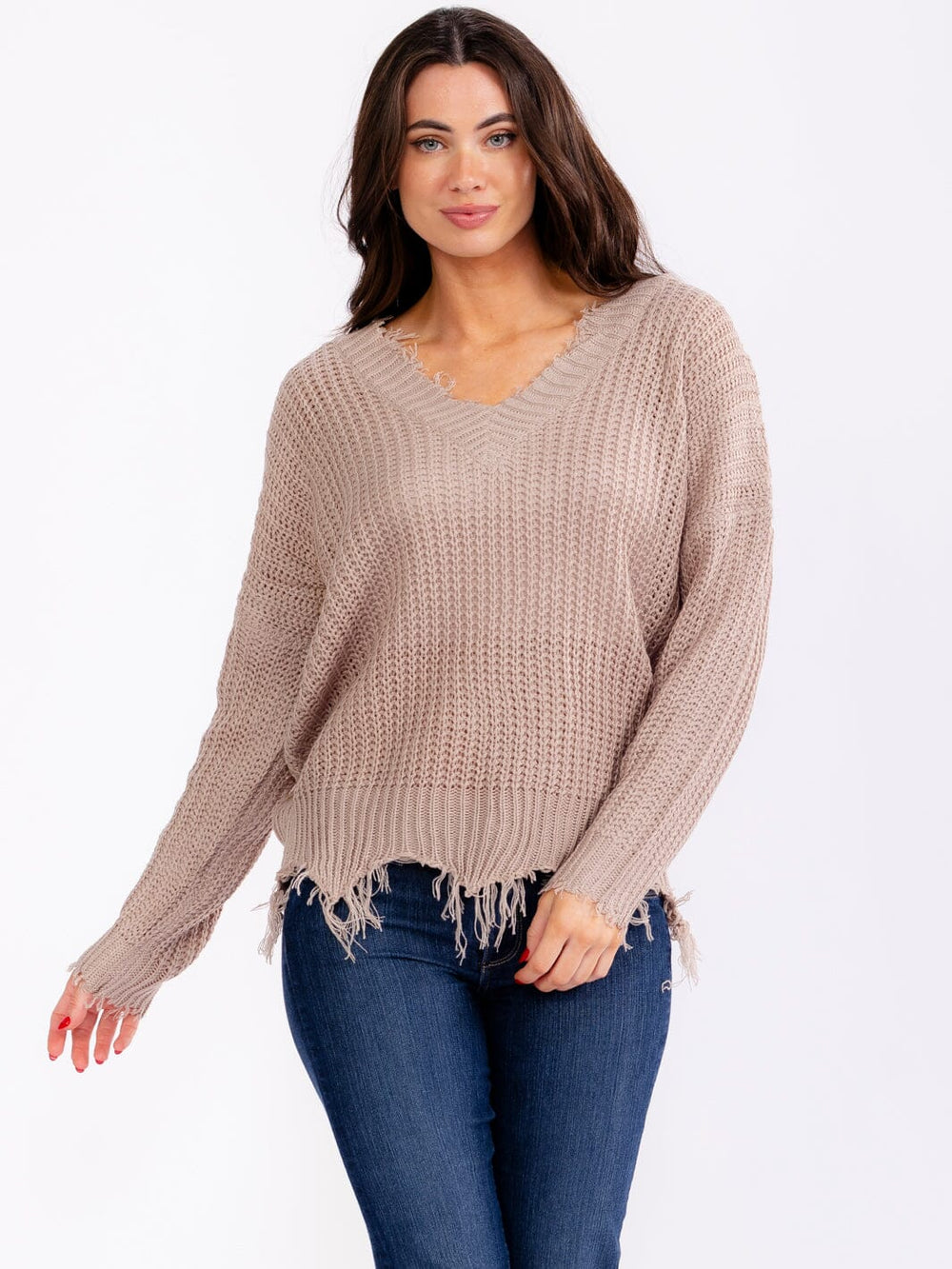 WOMEN'S LONG SLEEVE V-NECK DISTRESS PULLOVER KNIT SWEATERS (Copy)