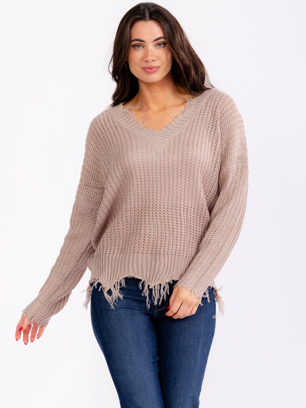 WOMEN'S LONG SLEEVE V-NECK DISTRESS PULLOVER KNIT SWEATERS (Copy)