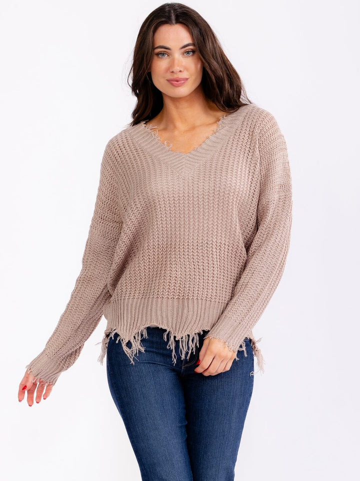 WOMEN'S LONG SLEEVE V-NECK DISTRESS PULLOVER KNIT SWEATERS (Copy)