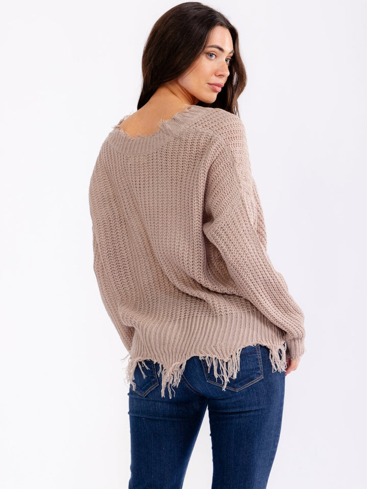 WOMEN'S LONG SLEEVE V-NECK DISTRESS PULLOVER KNIT SWEATERS (Copy)