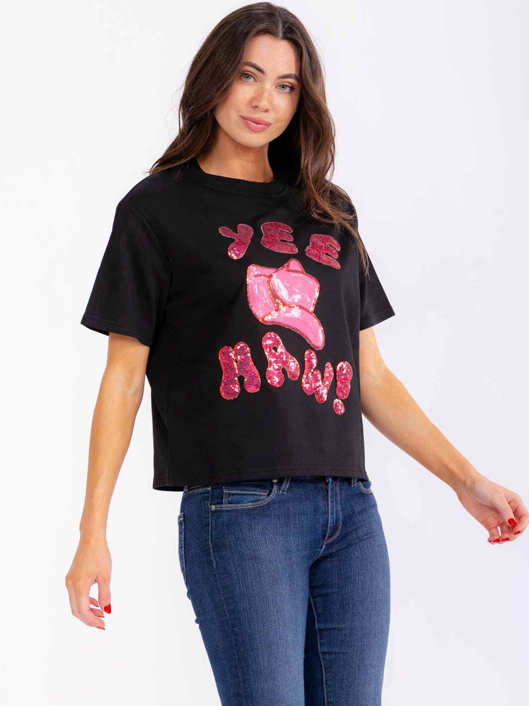 WOMEN'S SHORT SLEEVE GRAPHIC SEQUINS SHIRT
