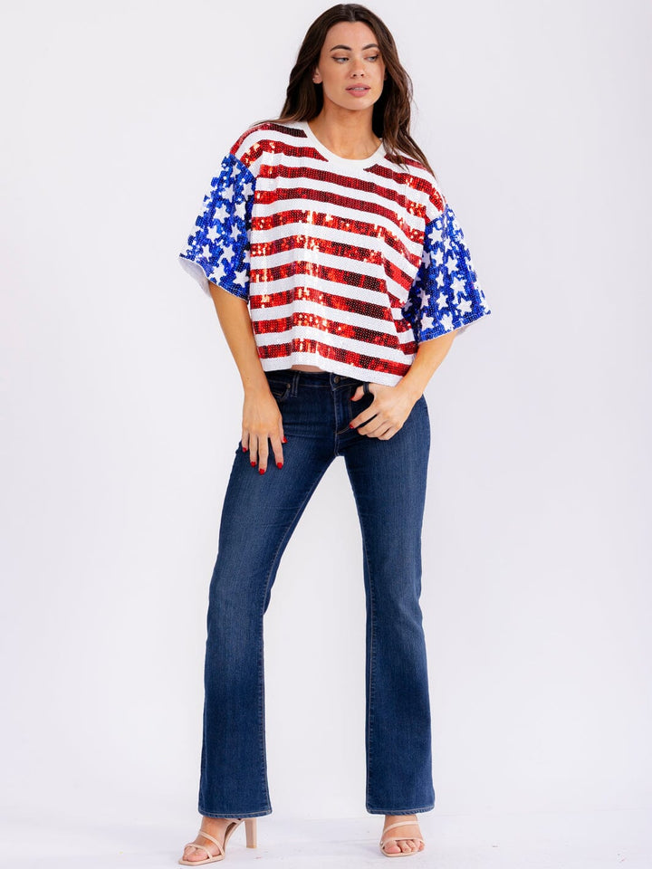 WOMEN'S SHORT SLEEVE AMERICAN FLAG SEQUINS SHIRT
