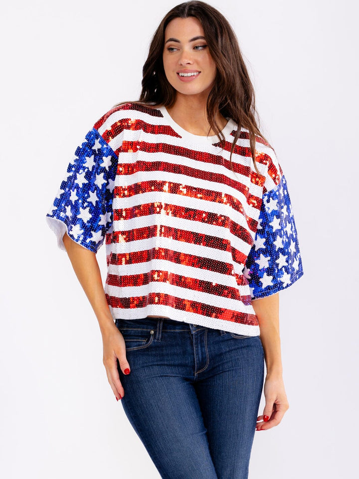 WOMEN'S SHORT SLEEVE AMERICAN FLAG SEQUINS SHIRT