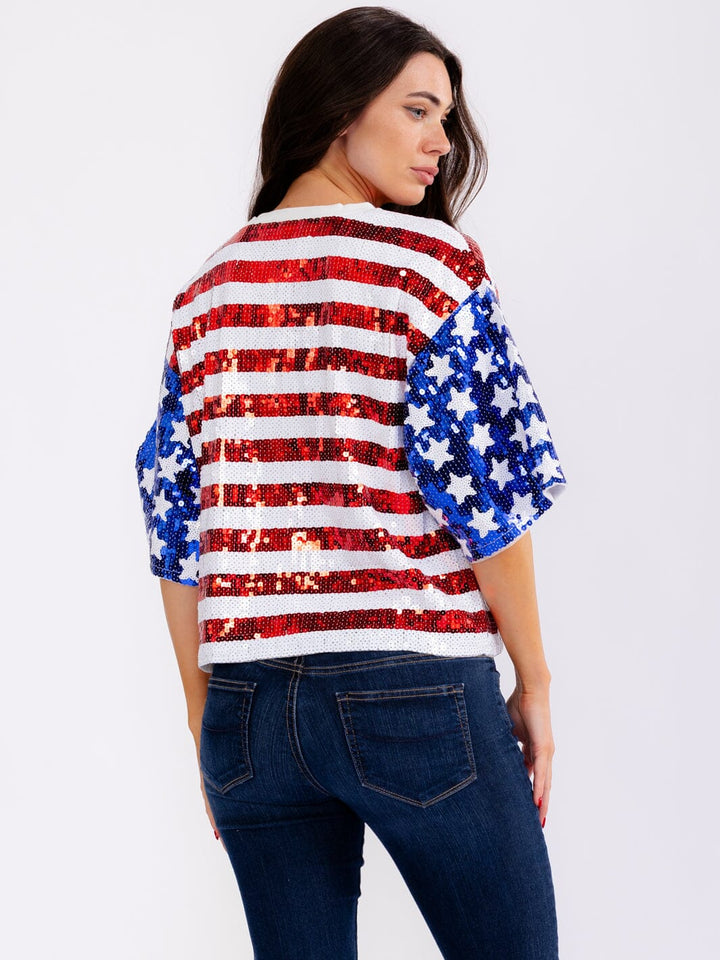 WOMEN'S SHORT SLEEVE AMERICAN FLAG SEQUINS SHIRT