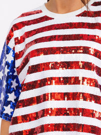 WOMEN'S SHORT SLEEVE AMERICAN FLAG SEQUINS SHIRT