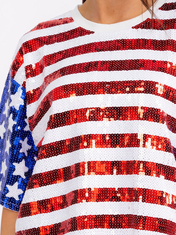 WOMEN'S SHORT SLEEVE AMERICAN FLAG SEQUINS SHIRT