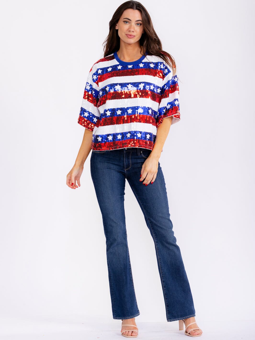 WOMEN'S SHORT SLEEVE AMERICAN FLAG SEQUINS SHIRT