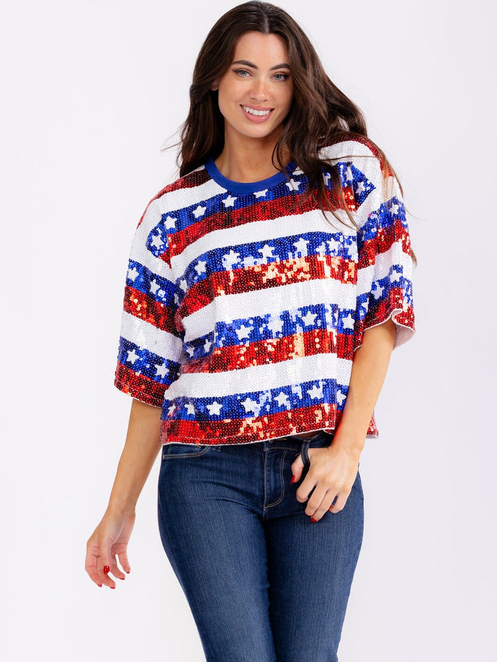 WOMEN'S SHORT SLEEVE AMERICAN FLAG SEQUINS SHIRT