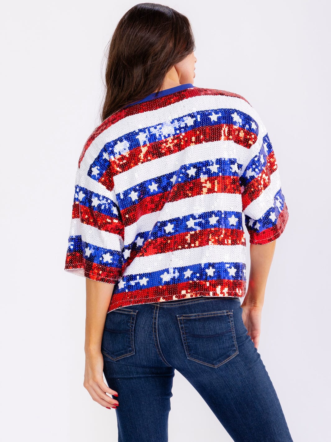 WOMEN'S SHORT SLEEVE AMERICAN FLAG SEQUINS SHIRT