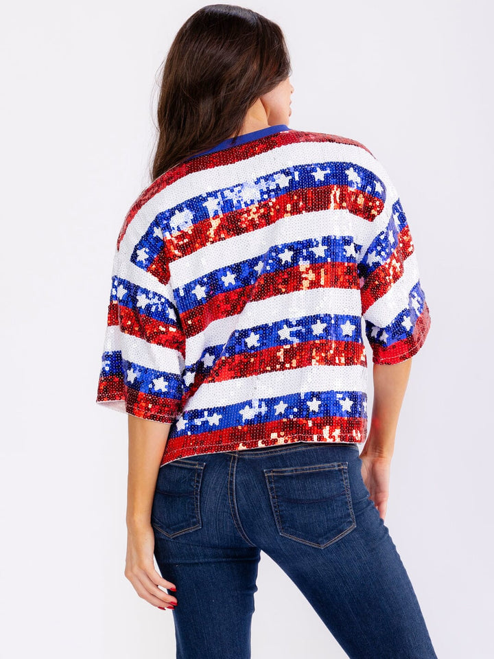 WOMEN'S SHORT SLEEVE AMERICAN FLAG SEQUINS SHIRT