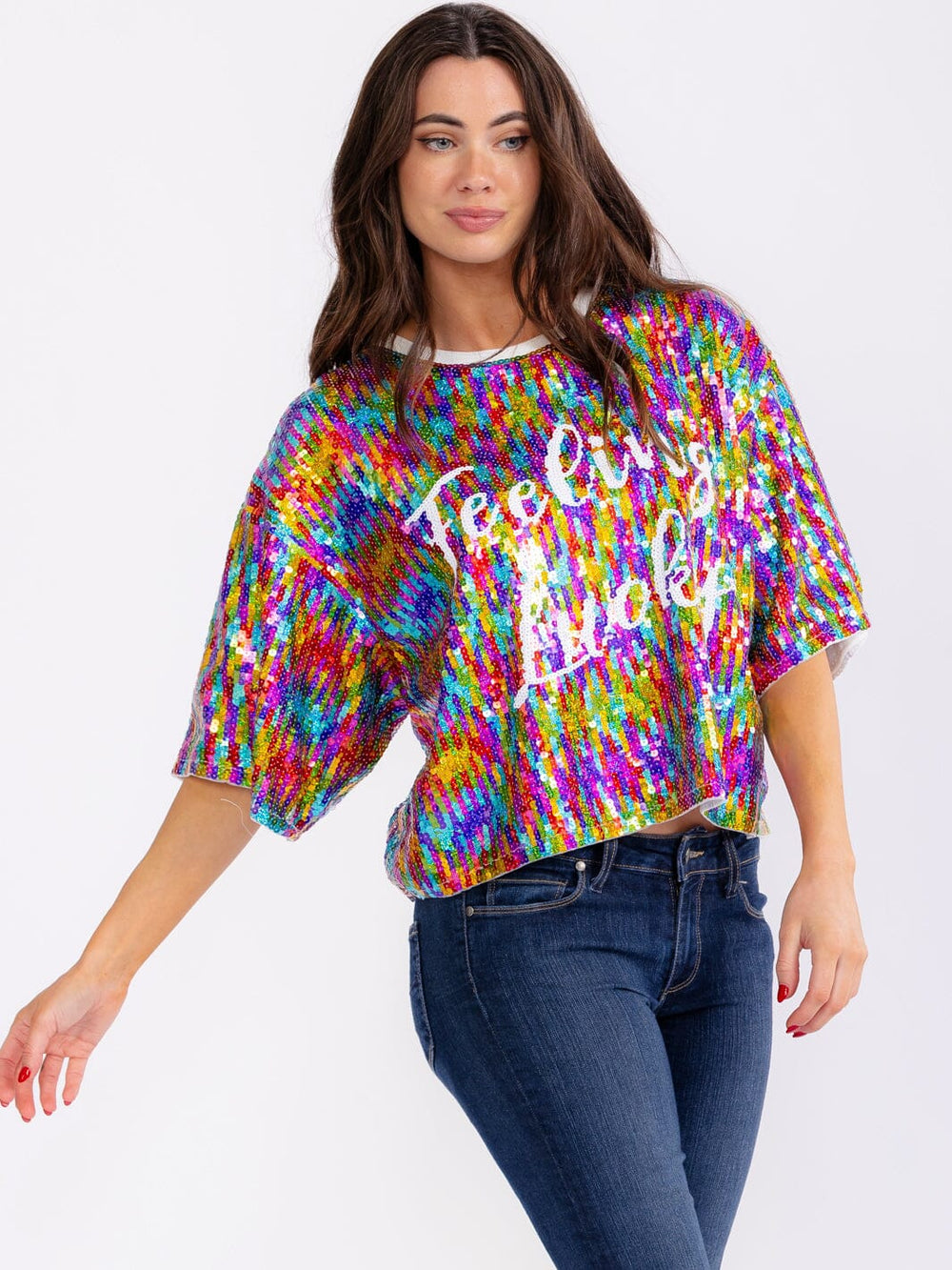 WOMEN'S SHORT SLEEVE FEELING LUCKY MULTI SEQUINS SHIRT