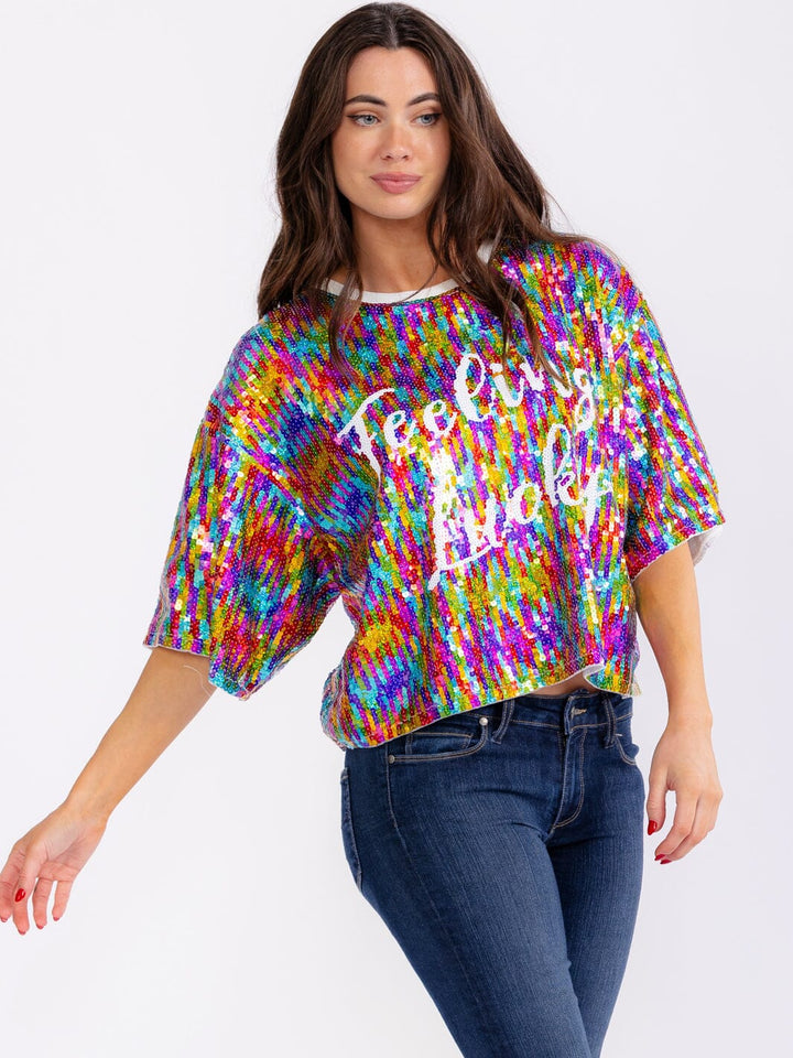 WOMEN'S SHORT SLEEVE FEELING LUCKY MULTI SEQUINS SHIRT