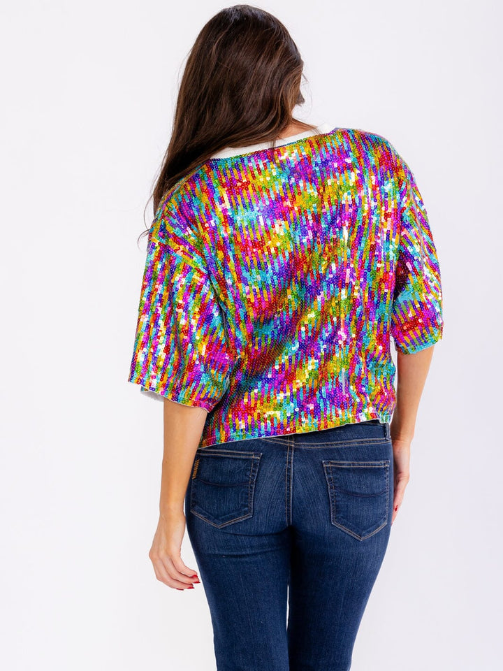 WOMEN'S SHORT SLEEVE FEELING LUCKY MULTI SEQUINS SHIRT