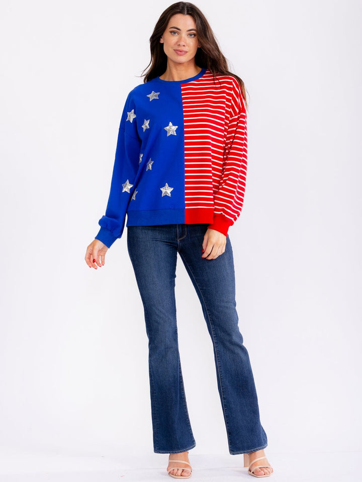 WOMEN'S LONG SLEEVE AMERICAN FLAG SEQUINS PULLOVER SWEATER