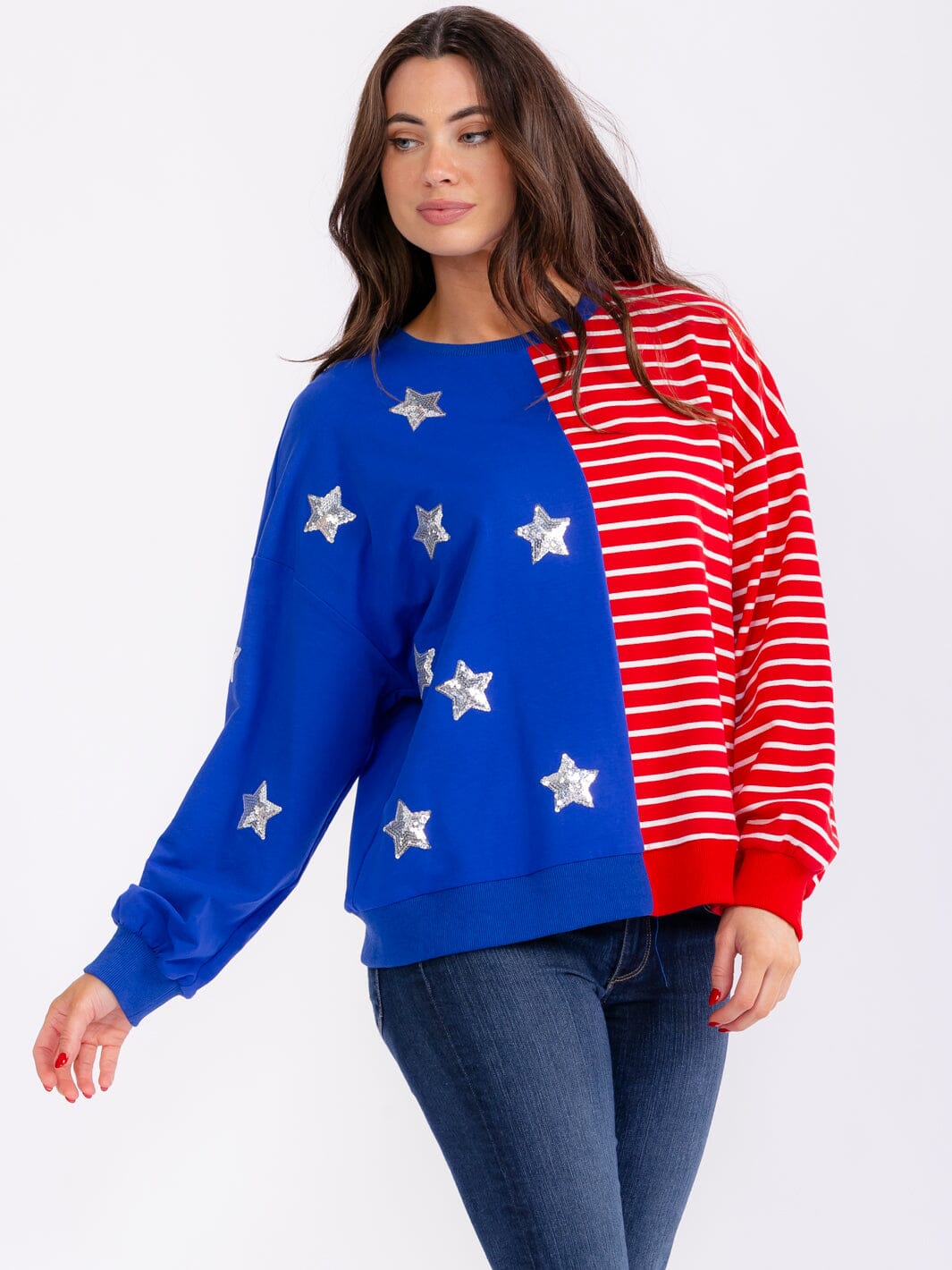 WOMEN'S LONG SLEEVE AMERICAN FLAG SEQUINS PULLOVER SWEATER